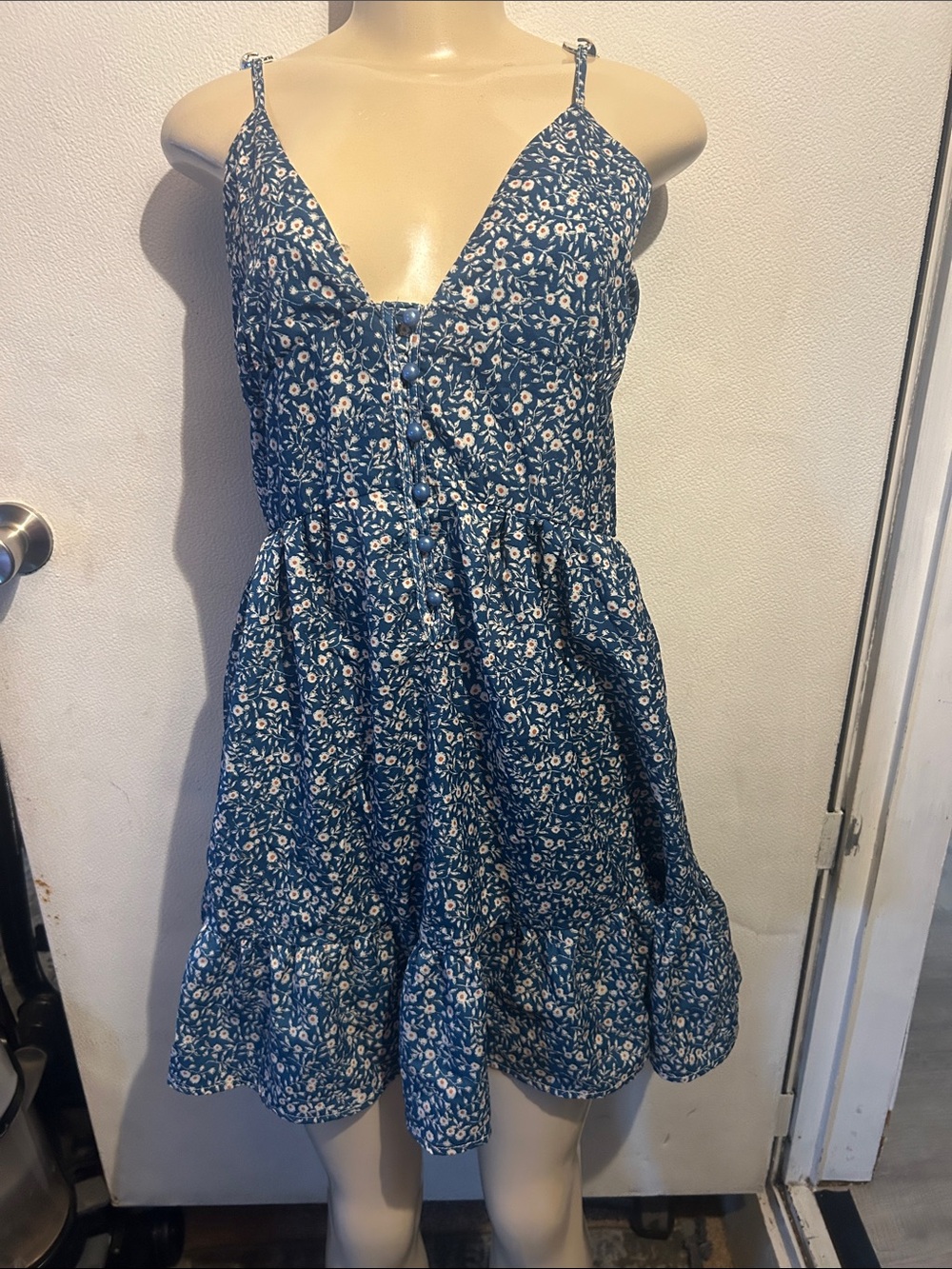 SHEIN Blue Floral Tiered Spaghetti-Strap Sundress